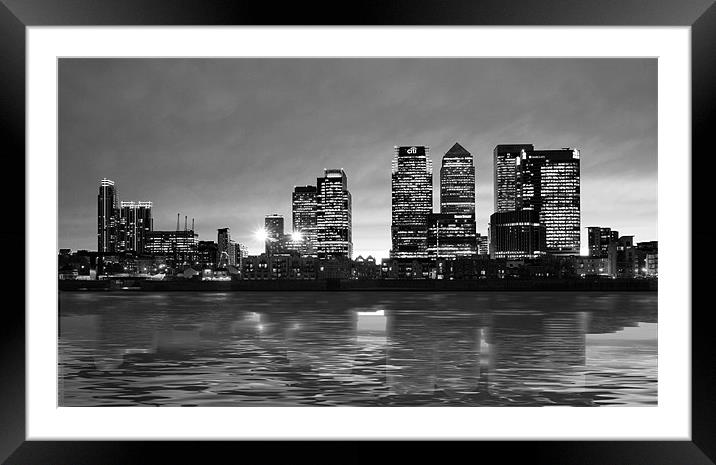 Docklands Canary Wharf sunset bw Framed Mounted Print by David French