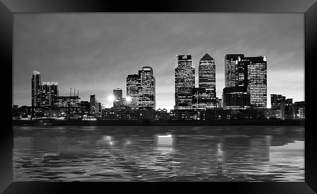 Docklands Canary Wharf sunset bw Framed Print by David French