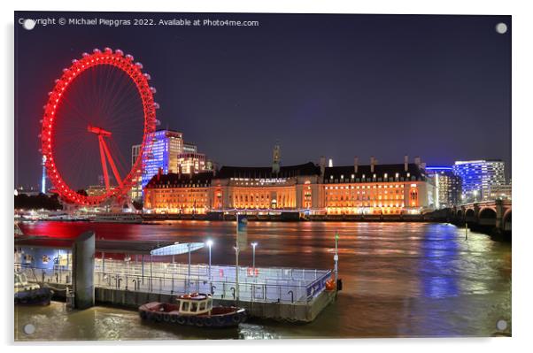 River Thamse with light reflections and the London Eye ferris wheel at night Acrylic by Michael Piepgras
