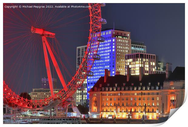 River Thamse with light reflections and the London Eye ferris wheel at night Print by Michael Piepgras