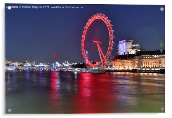 River Thamse with light reflections and the London Eye ferris wheel at night Acrylic by Michael Piepgras