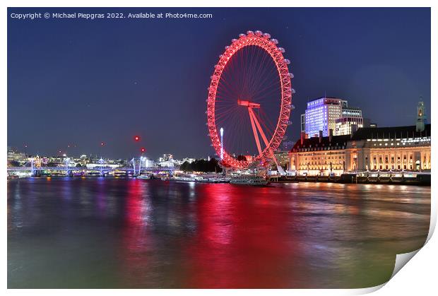 River Thamse with light reflections and the London Eye ferris wheel at night Print by Michael Piepgras