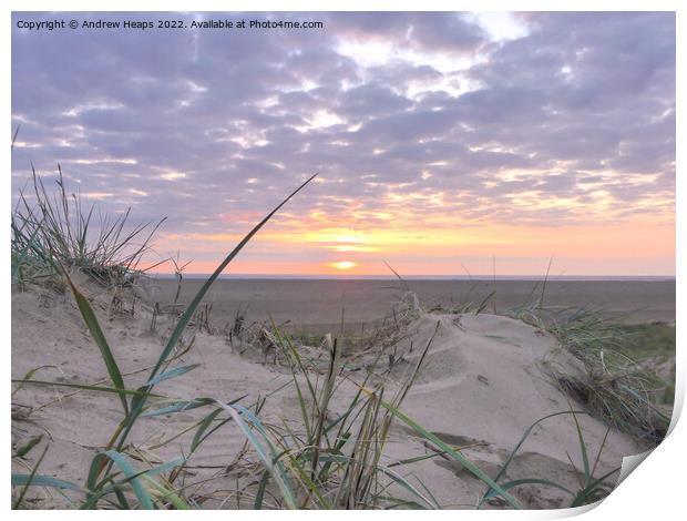 Sunset over sand dunes at Lytham St Annes Print by Andrew Heaps