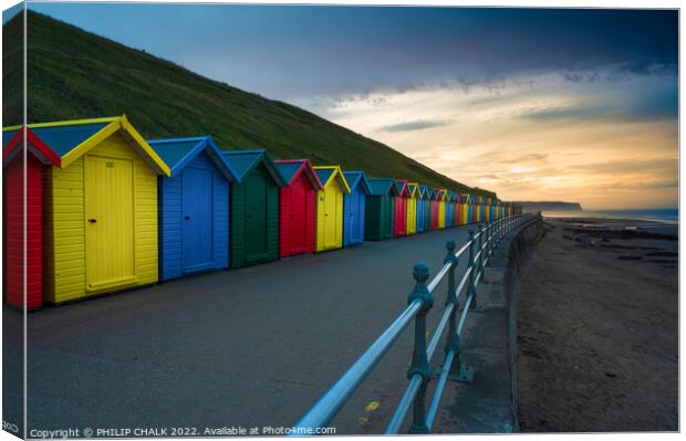 Whitby huts on Whitby sea front at sunset  774  Canvas Print by PHILIP CHALK