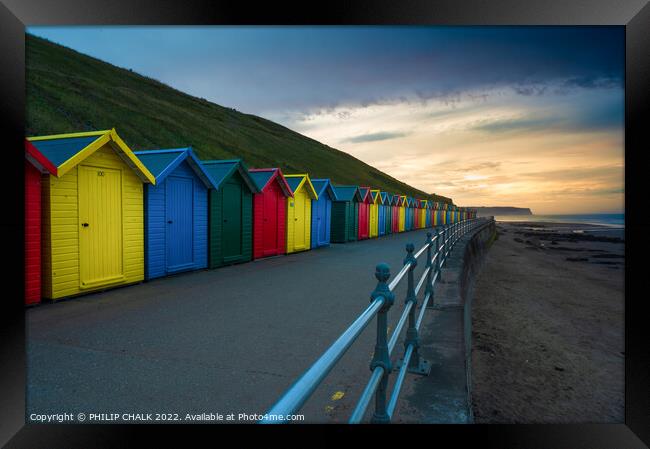 Whitby huts on Whitby sea front at sunset  774  Framed Print by PHILIP CHALK