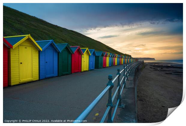 Whitby huts on Whitby sea front at sunset  774  Print by PHILIP CHALK