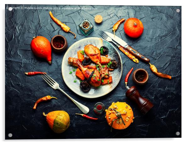 Baked chicken drumsticks with pumpkin Acrylic by Mykola Lunov Mykola