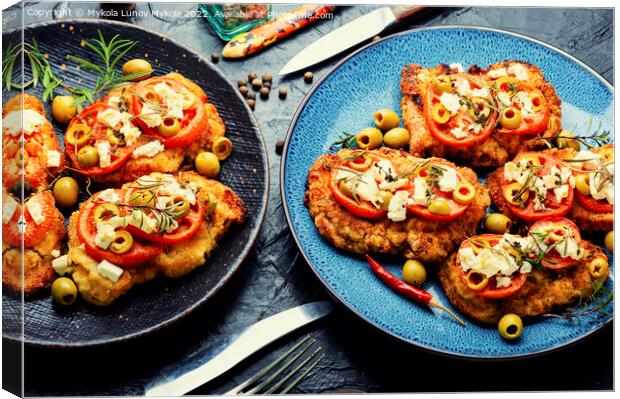 Schnitzel with olives and tomato Canvas Print by Mykola Lunov Mykola