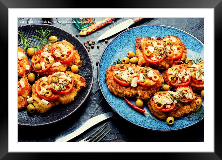 Schnitzel with olives and tomato Framed Mounted Print by Mykola Lunov Mykola