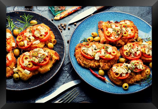 Schnitzel with olives and tomato Framed Print by Mykola Lunov Mykola