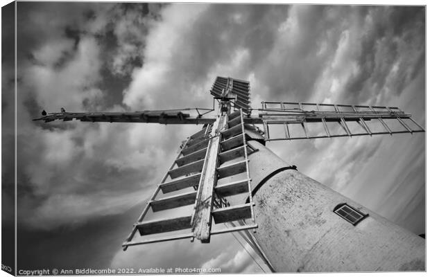 Looking up at Thurne windmill pump Canvas Print by Ann Biddlecombe