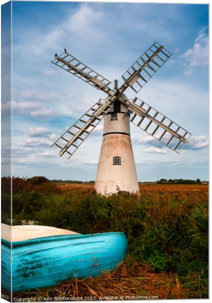 Windmill in the Norfolk broads Canvas Print by Ann Biddlecombe
