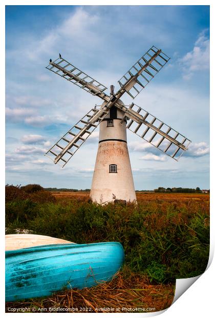 Windmill in the Norfolk broads Print by Ann Biddlecombe