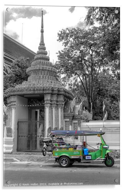 Green tuk tuk outside Wat Pho, Bangkok, Acrylic by Kevin Hellon