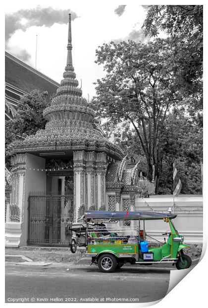 Green tuk tuk outside Wat Pho, Bangkok, Print by Kevin Hellon