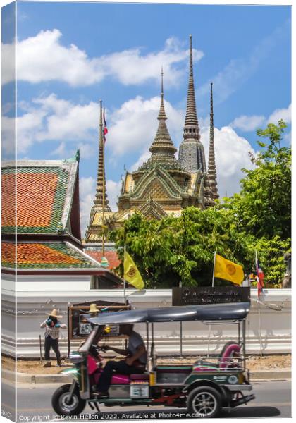 Green tuk tuk outside Wat Pho, Bangkok, Canvas Print by Kevin Hellon
