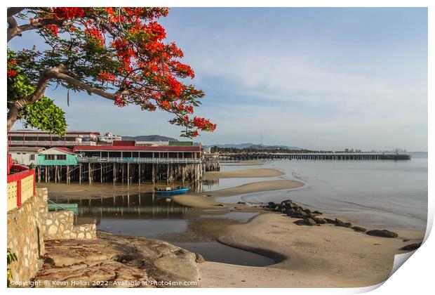 Pier, beach and flame tree, Hua Hin, Thailand Print by Kevin Hellon