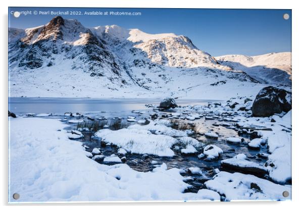 Frozen Llyn Idwal in Winter Snow Snowdonia Acrylic by Pearl Bucknall