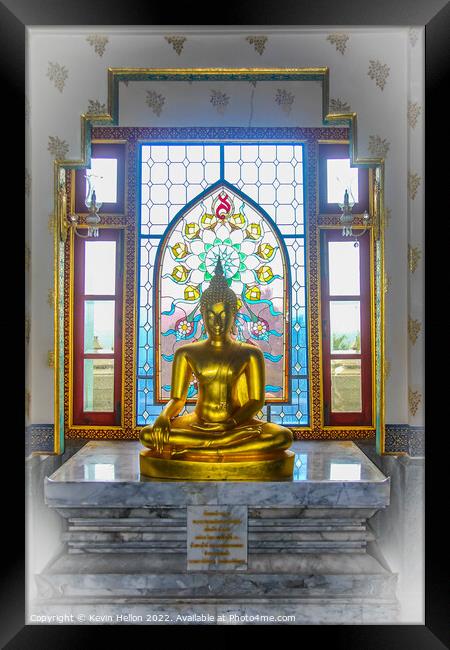 Buddha statue and stained glass window, Wat Tang Sai  Framed Print by Kevin Hellon