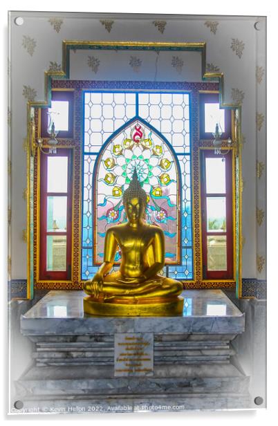 Buddha statue and stained glass window, Wat Tang Sai  Acrylic by Kevin Hellon