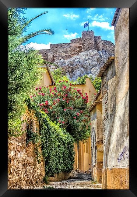 Narrow street in the Plaka district below the Acro Framed Print by Kevin Hellon
