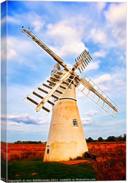 Artistic view of a Windmill in the Norfolk Broards Canvas Print by Ann Biddlecombe