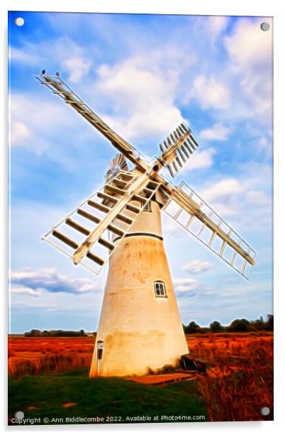 Artistic view of a Windmill in the Norfolk Broards Acrylic by Ann Biddlecombe