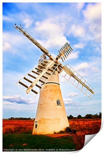 Artistic view of a Windmill in the Norfolk Broards Print by Ann Biddlecombe