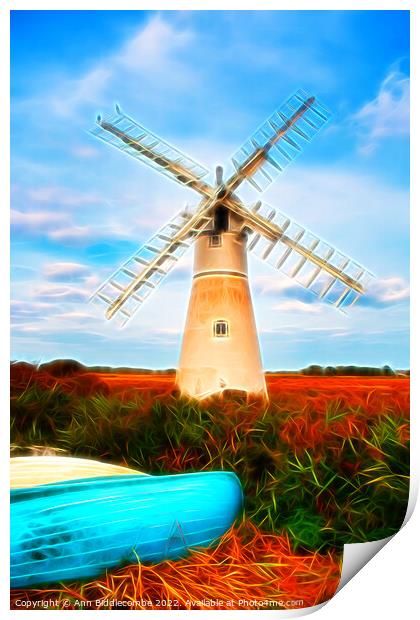 Artistic view of Windmill in the Norfolk broads Print by Ann Biddlecombe
