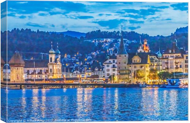 Inner Harbor Churches Bridges Buildings Lake Lucerne Switzerland Canvas Print by William Perry