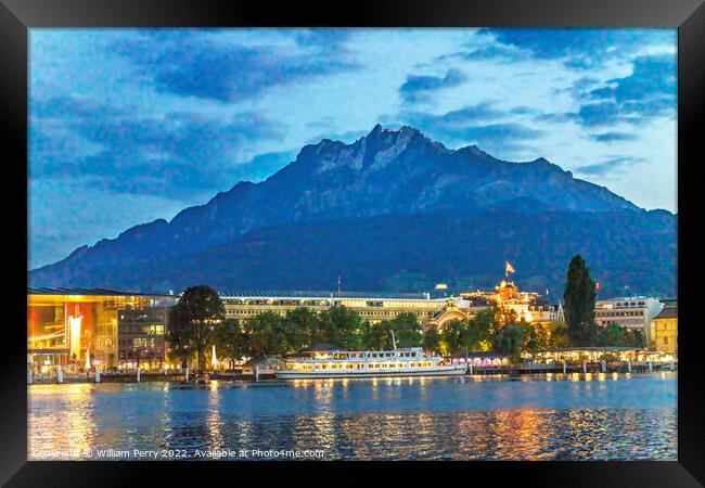 Harbor Lights Lake Mount Pilatus Yachts Lucerne Switzerland Framed Print by William Perry