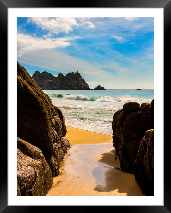 Logan Rock  and Porthcurno beach Framed Mounted Print by Maggie McCall