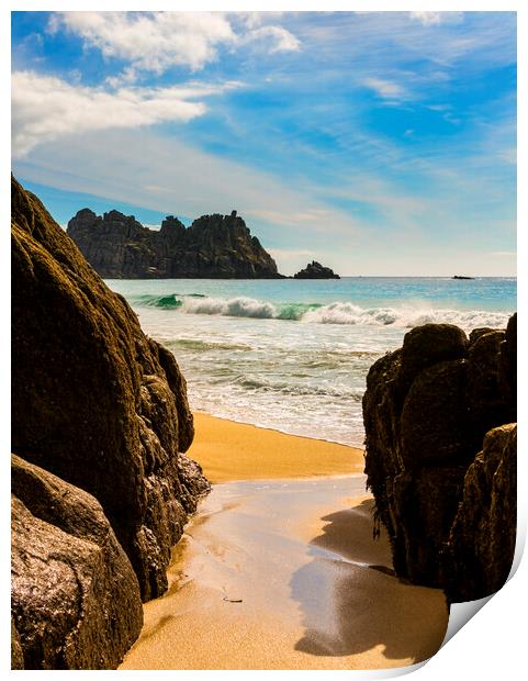 Logan Rock  and Porthcurno beach Print by Maggie McCall