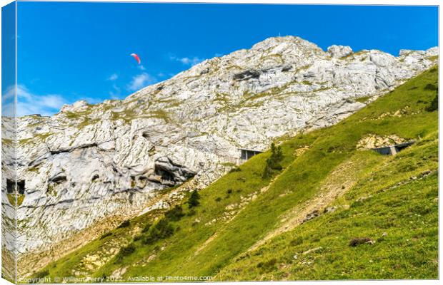 Pink Parasail Rock Cliffs Mount Pilatus Lucerne Switzerland Canvas Print by William Perry