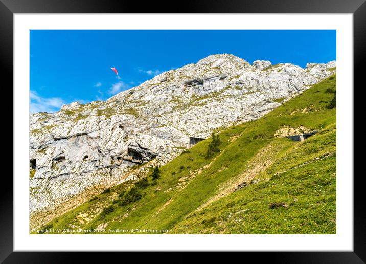 Pink Parasail Rock Cliffs Mount Pilatus Lucerne Switzerland Framed Mounted Print by William Perry