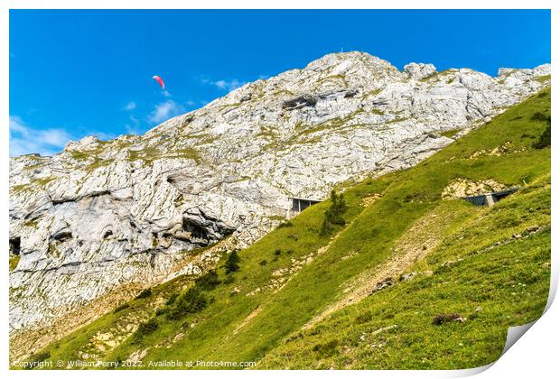Pink Parasail Rock Cliffs Mount Pilatus Lucerne Switzerland Print by William Perry