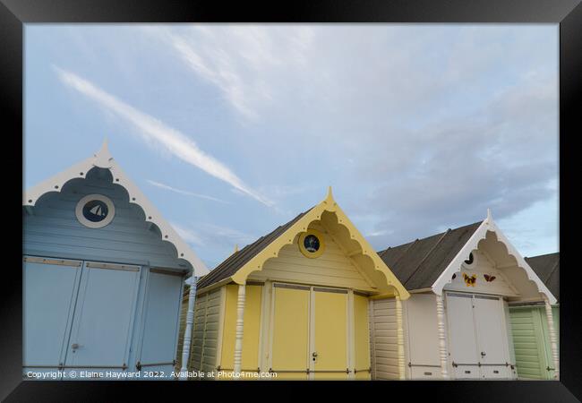 Beach huts at West Mersea close up Framed Print by Elaine Hayward