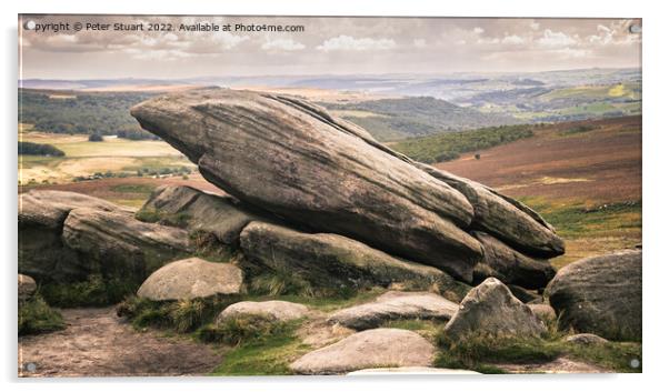 Hill walking on Higger Tor in the Peak Distrct Acrylic by Peter Stuart