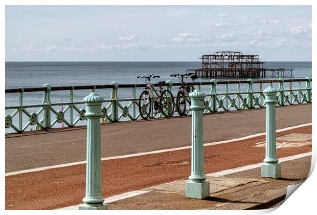Brighton Seafront, Old Pier, with  Bicycles Print by kathy white