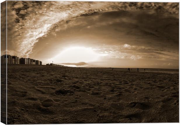 autmunal sunset on beach in sepia Canvas Print by youri Mahieu