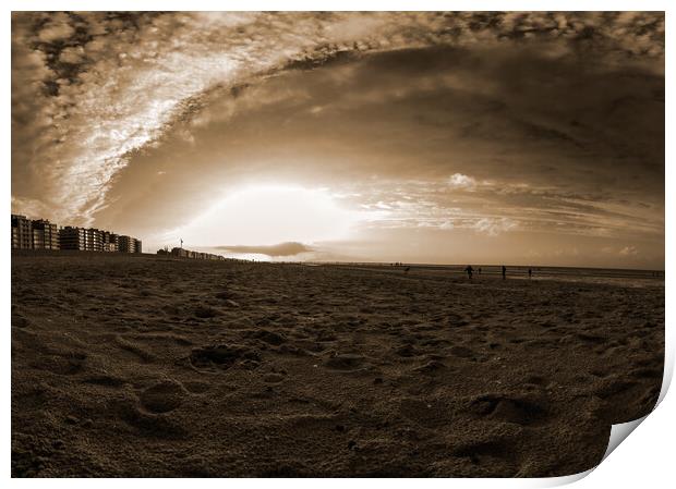 autmunal sunset on beach in sepia Print by youri Mahieu