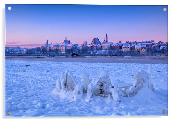 Winter Dawn At River Shore In Warsaw Acrylic by Artur Bogacki
