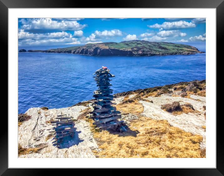 A Serene View of Calf of Man and Stone Monuments Framed Mounted Print by Roger Mechan