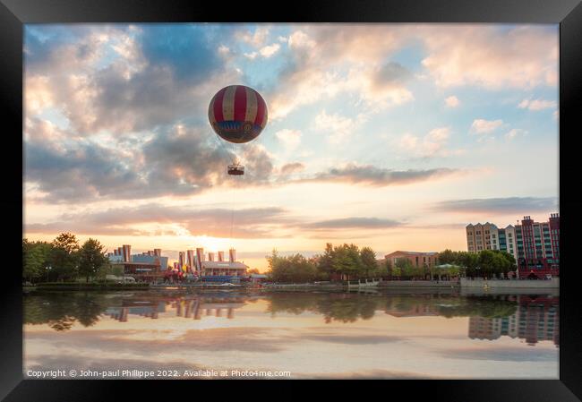Steampunk Balloon Over Lake Framed Print by John-paul Phillippe