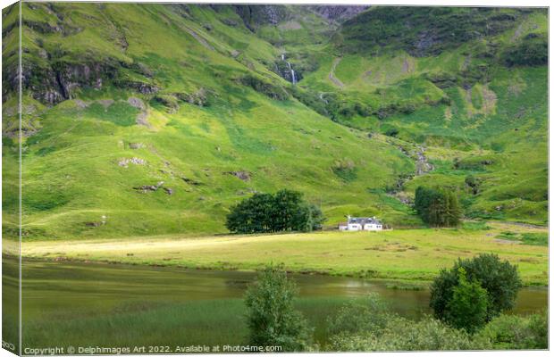 Cottage in Glencoe valley, Highlands of Scotland Canvas Print by Delphimages Art