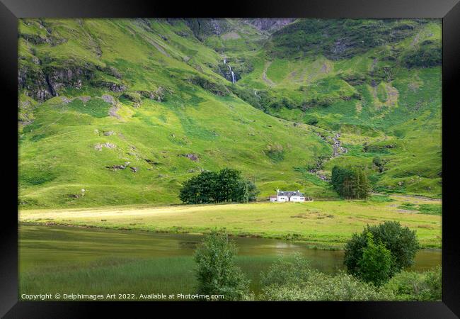 Cottage in Glencoe valley, Highlands of Scotland Framed Print by Delphimages Art