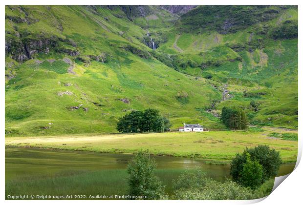Cottage in Glencoe valley, Highlands of Scotland Print by Delphimages Art