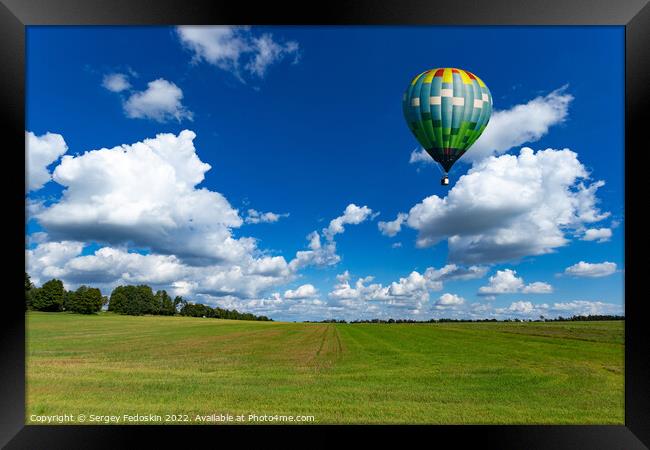 Colorful hot air balloons over green rice field. Framed Print by Sergey Fedoskin