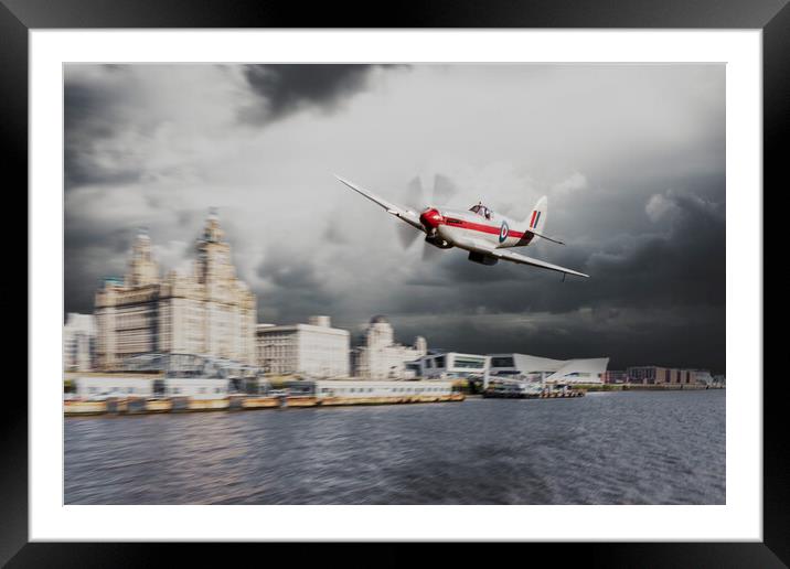 Spitfire over Liverpool Framed Mounted Print by J Biggadike