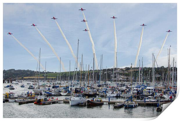Red arrows in a Falmouth cornish sky,smoke trails, Print by kathy white